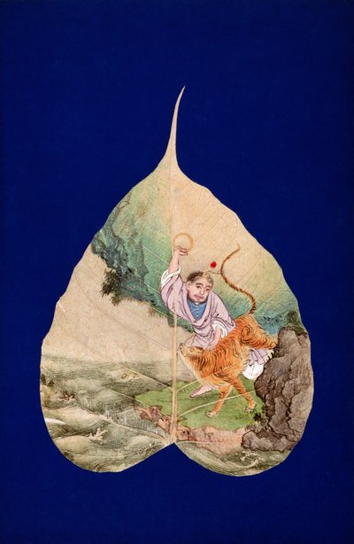 CBL C 1410 Bhadra with a Tiger (قلم وحبر وألوان على ورقة بودي المقدسة المركبة) بواسطة المدرسة الصينية